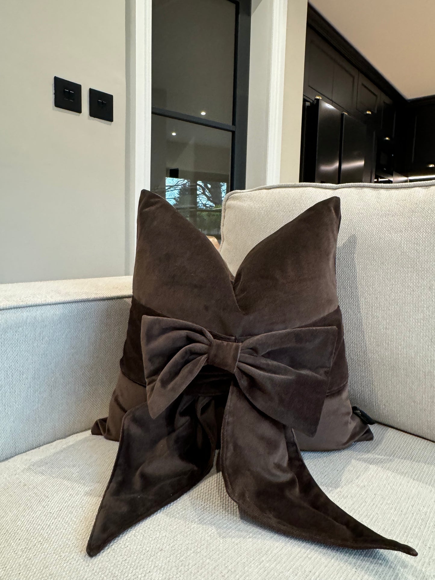 Chocolate Brown Velvet Bow 18" Cushion