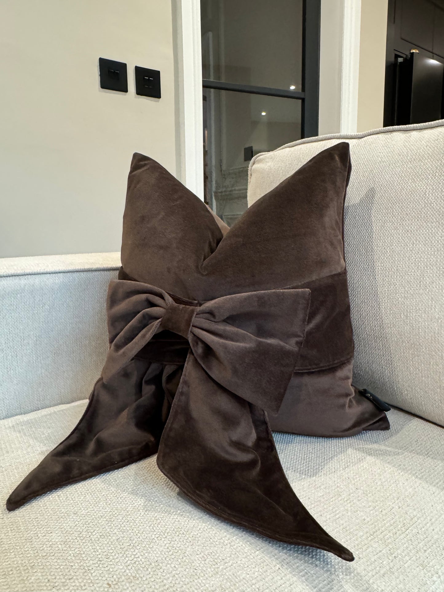 Chocolate Brown Velvet Bow 18" Cushion