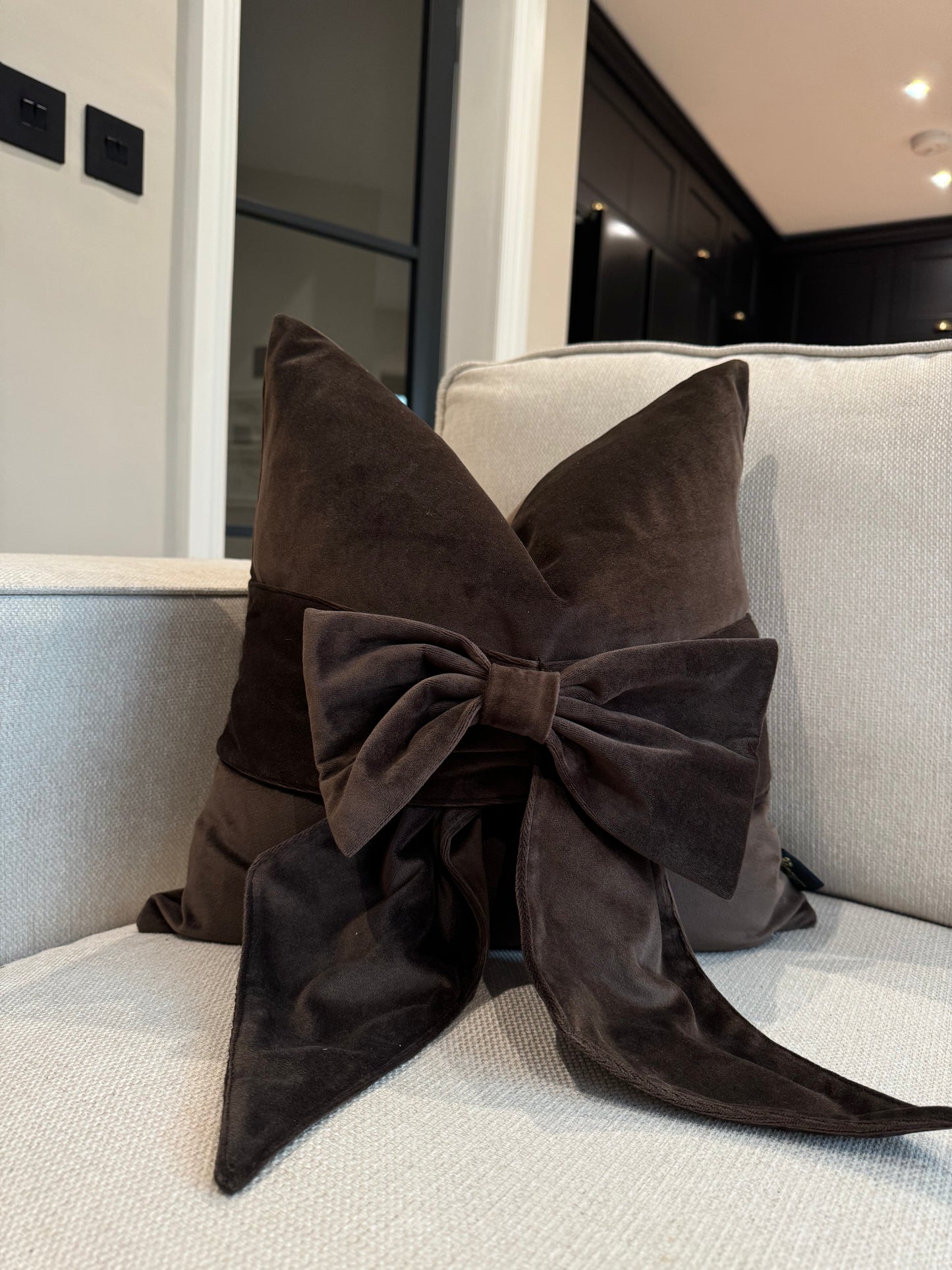 Chocolate Brown Velvet Bow 18" Cushion