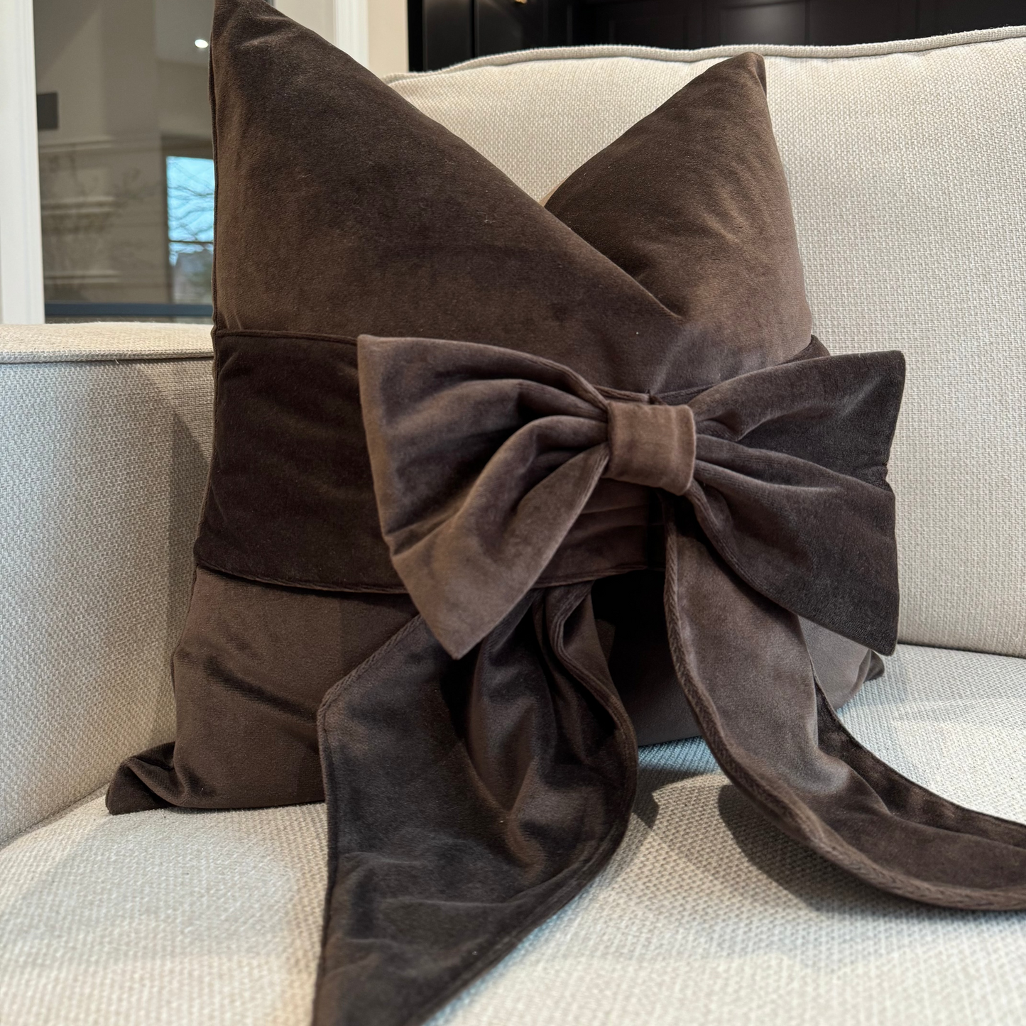 Chocolate Brown Velvet Bow 18" Cushion