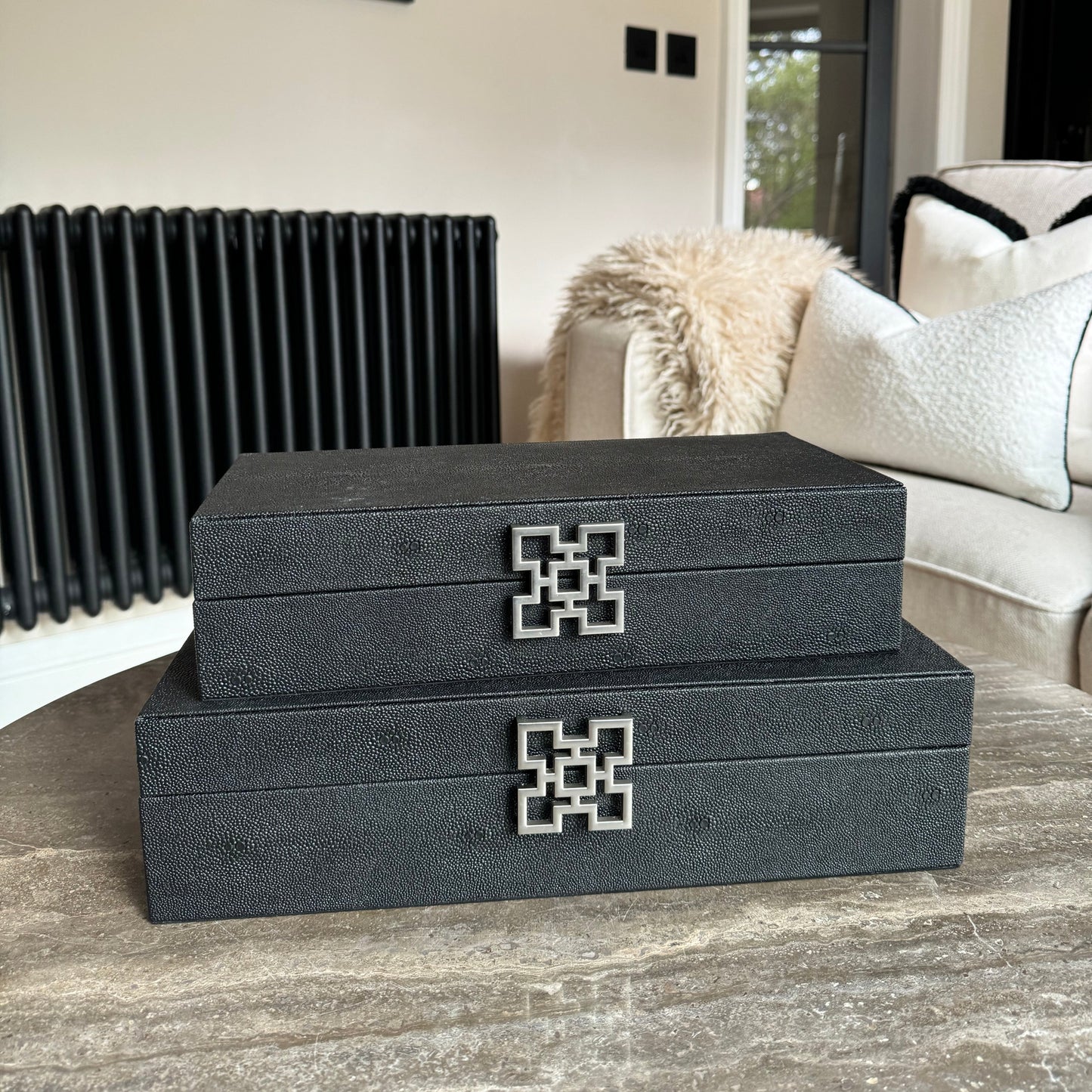 Large Black Faux Leather Storage Boxes Set Of 2