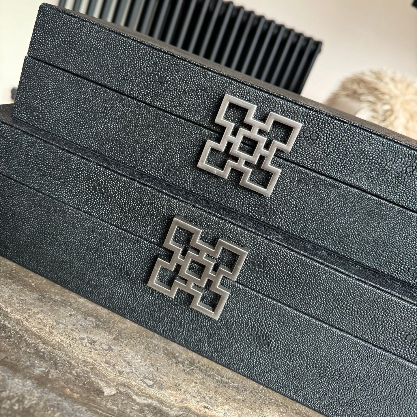 Large Black Faux Leather Storage Boxes Set Of 2