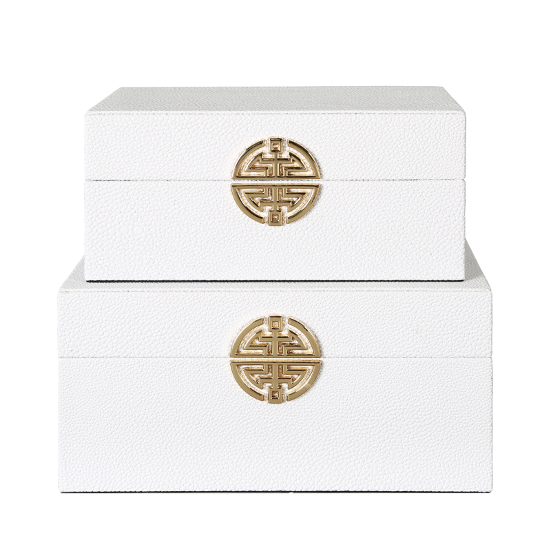 White Faux Leather Gold Buckle Storage Boxes Set Of 2