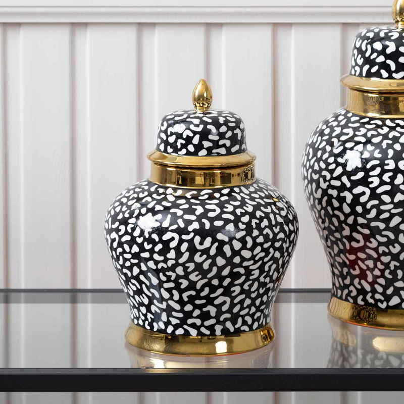 Alessa 30cm Black and White Leopard Print Ginger Jar