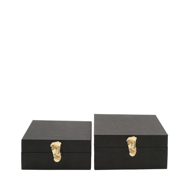 Black Faux Litchi Leather Boxes Set of 2