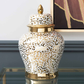 Alessa 40cm White and Gold Leopard Print Jar