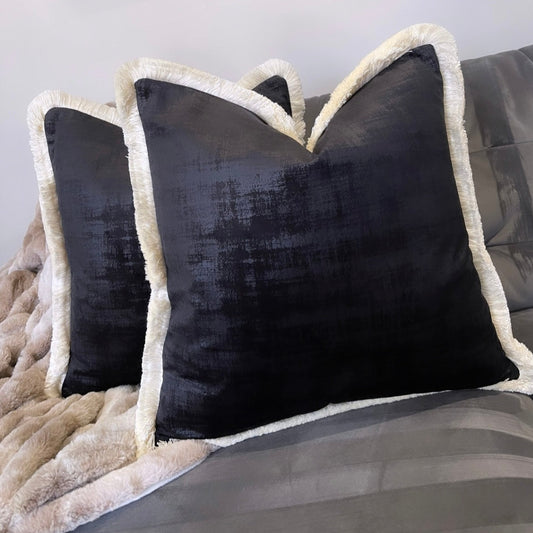 Jamila Black Velvet 18' Cushion With Ivory Fringe