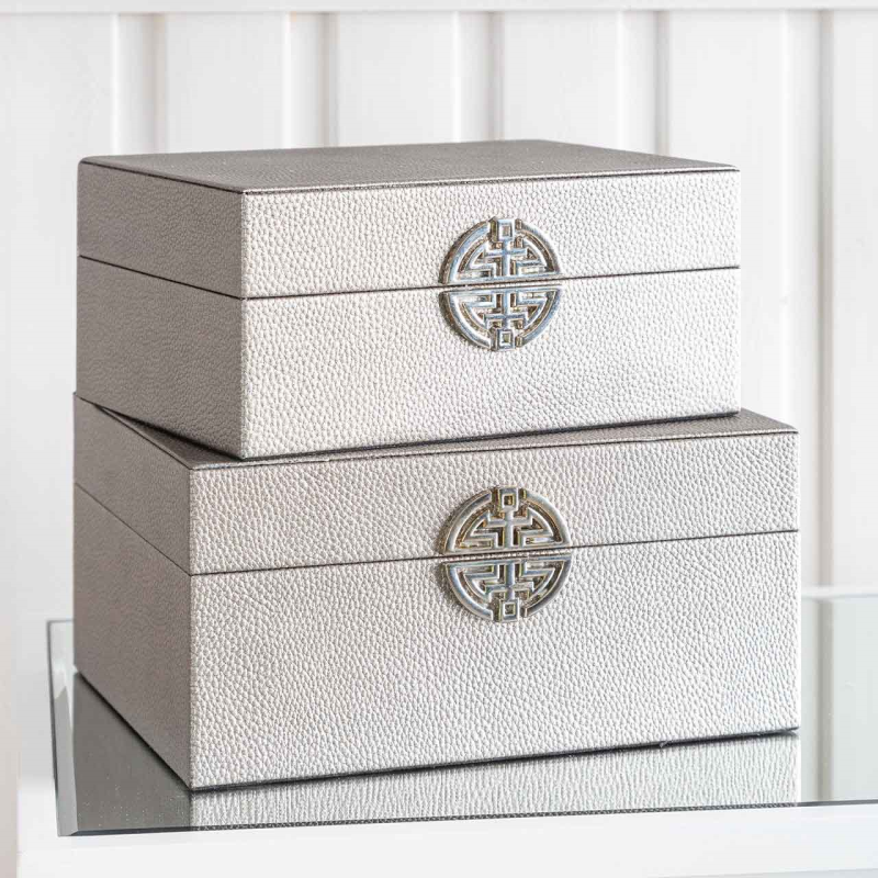 Pewter Faux Leather Storage Boxes Set Of 2