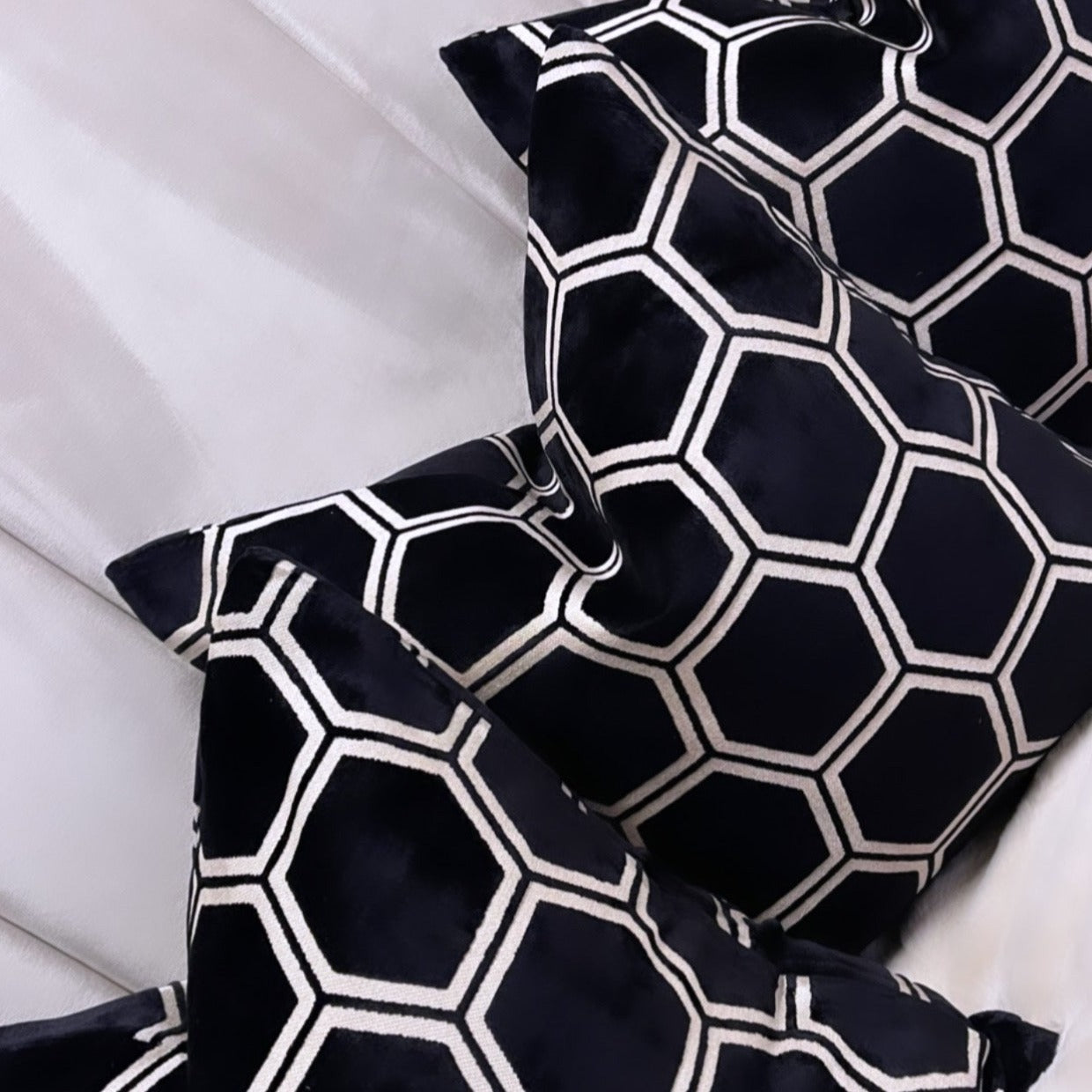 Black Ivor Large Hexagon Cut Velvet Cushion 22"